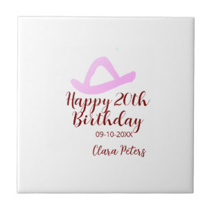 Happy 20th birthday pink cowboy girl name date sim ceramic tile