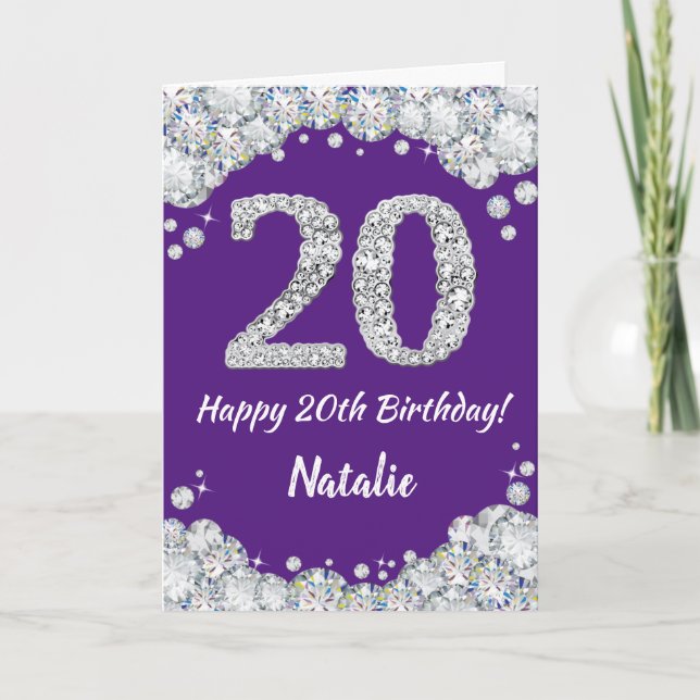 Happy 20th Birthday Purple and Silver Glitter Card (Front)