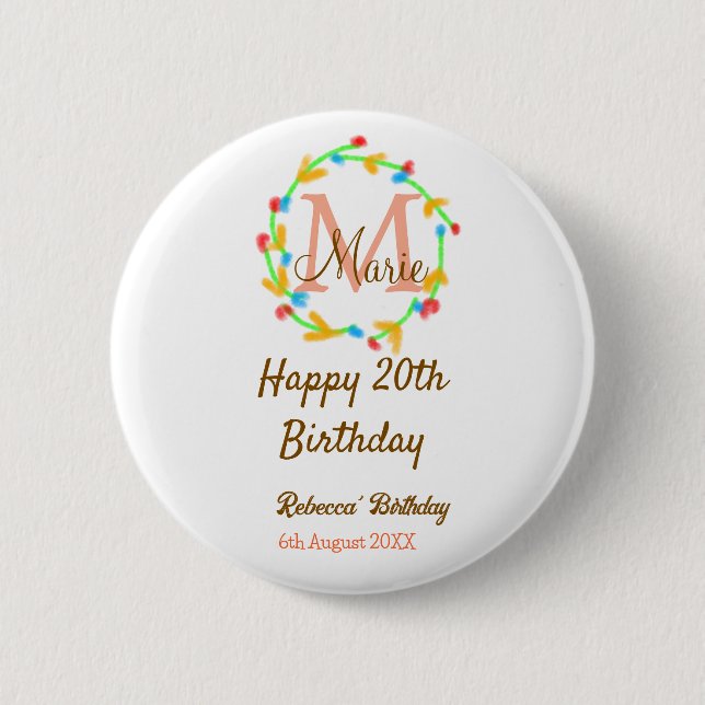 Happy 20th Birthday red add name monogram wreath Button (Front)