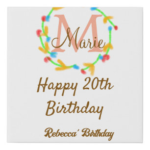 Happy 20th Birthday red add name monogram wreath Faux Canvas Print
