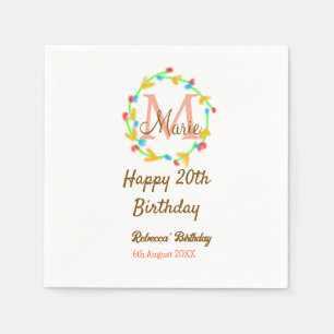 Happy 20th Birthday red add name monogram wreath Napkins