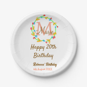 Happy 20th Birthday red add name monogram wreath Paper Plates
