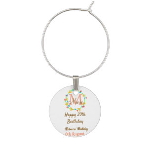 Happy 20th Birthday red add name monogram wreath Wine Charm