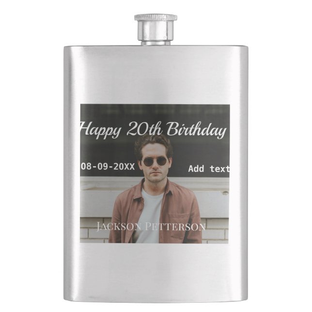 Happy 20th birthday simple photo add name date mod flask (Front)