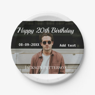 Happy 20th birthday simple photo add name date mod paper plates