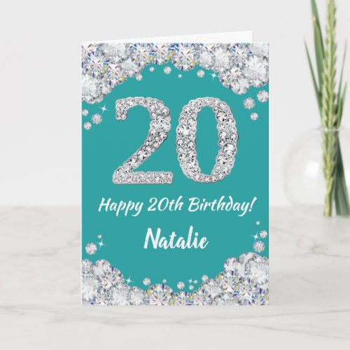 Happy 20th Birthday Teal and Silver Glitter Card