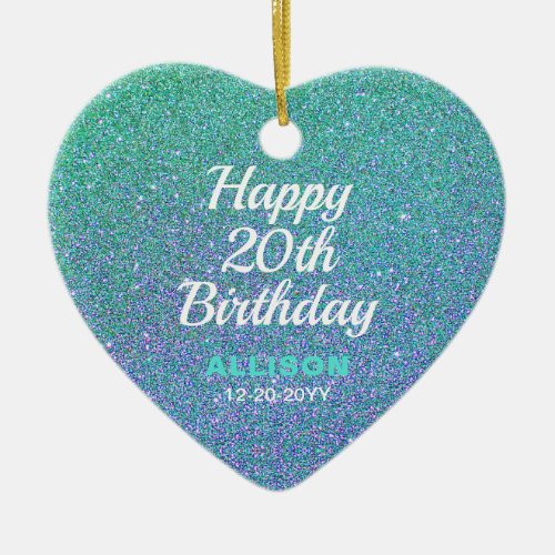Happy 20th Birthday Teal Blue Glitter Personalized Ceramic Ornament