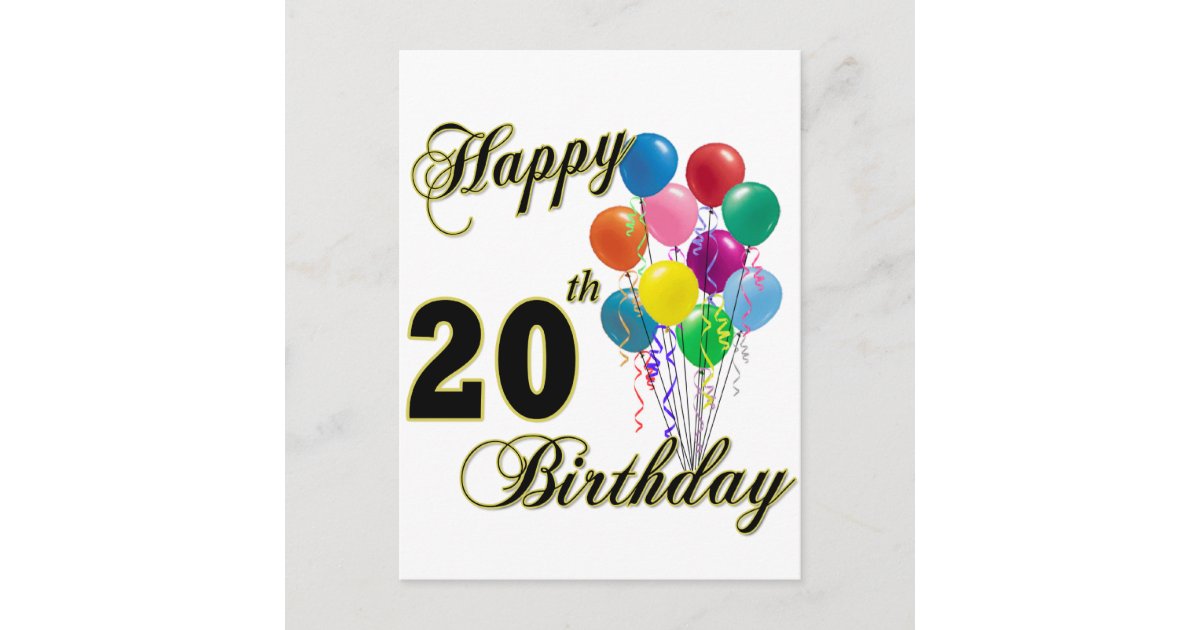 Happy 20th Birthday with Balloons Postcard | Zazzle