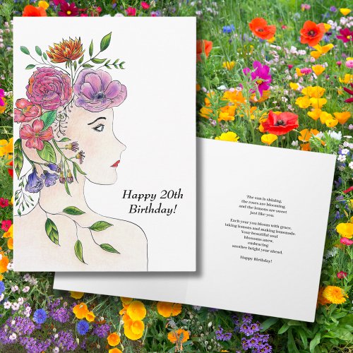 Happy 20th Birthday Woman  Flowers Illustration