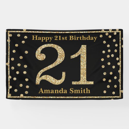 Happy 21st Birthday Banner Black and Gold Glitter