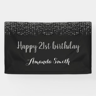Happy 21st Birthday Banner. Black Silver Glitter Banner