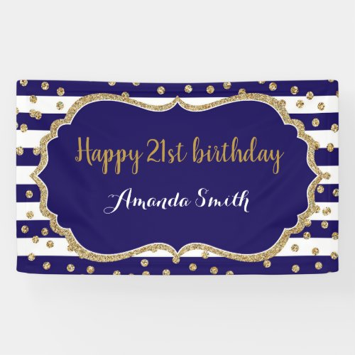 Happy 21st Birthday Banner Navy Blue Gold Glitter