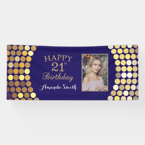 Happy 21st Birthday Banner Navy Blue Gold Photo Banner