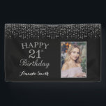 Happy 21st Birthday Banner. Silver Glitter Photo Banner<br><div class="desc">Happy 21st Birthday Banner for women or man. Black and Silver Birthday Party Banner. Silver Glitter Confetti. Black and White Stripes. Printable Digital. For further customization,  please click the "Customize it" button and use our design tool to modify this template.</div>