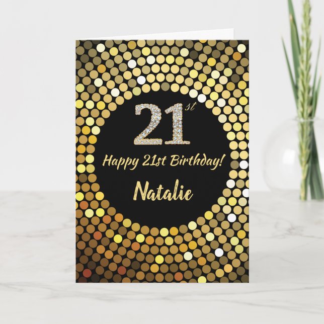 Happy 21st Birthday Black and Gold Glitter Card (Front)