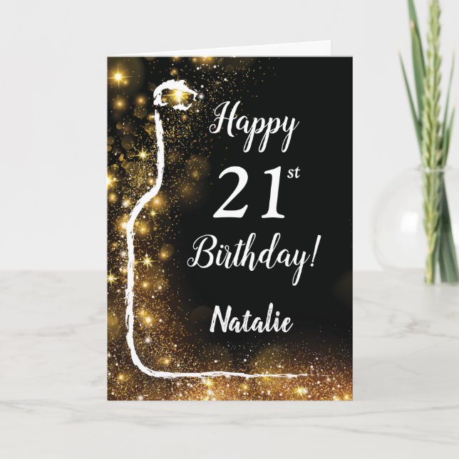 Happy 21st Birthday Black and Gold Glitter Wine Card (Front)