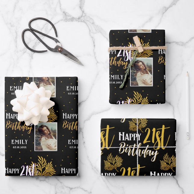 Happy 21st Birthday Black Gold Foliage Photo  Wrapping Paper Sheets (Front)