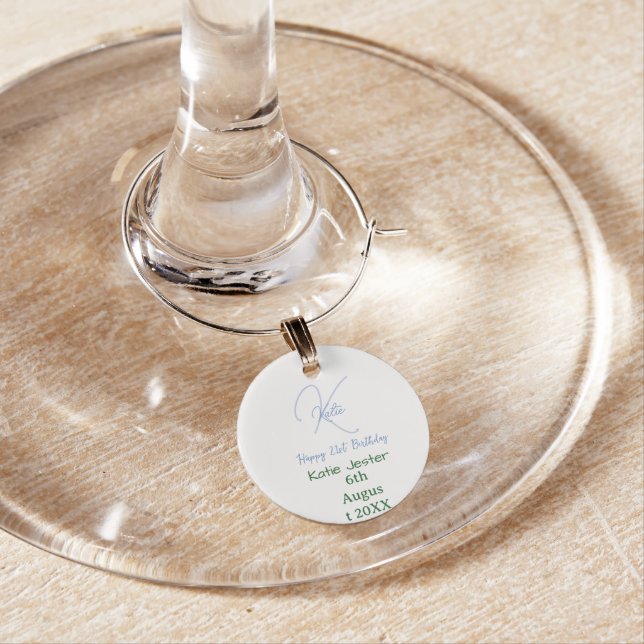 Happy 21st birthday blue add name monogram modern wine charm (In Situ)