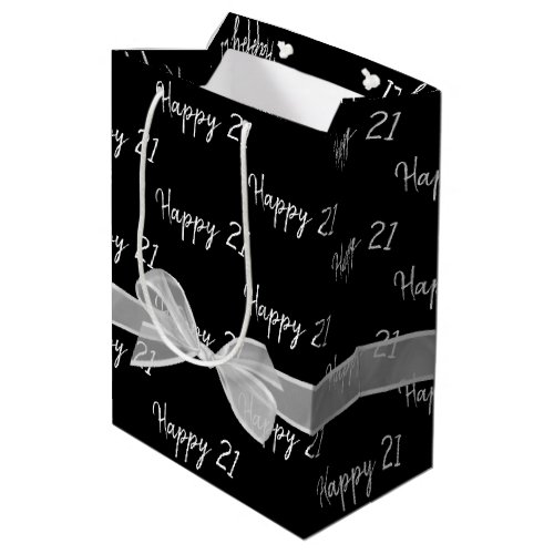 Happy 21st Birthday Bow On Black Medium Gift Bag