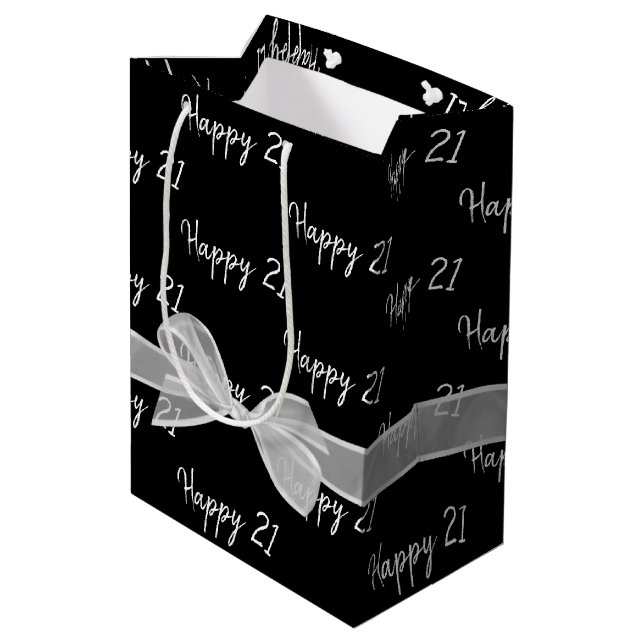 Happy 21st Birthday Bow On Black Medium Gift Bag (Back Angled)