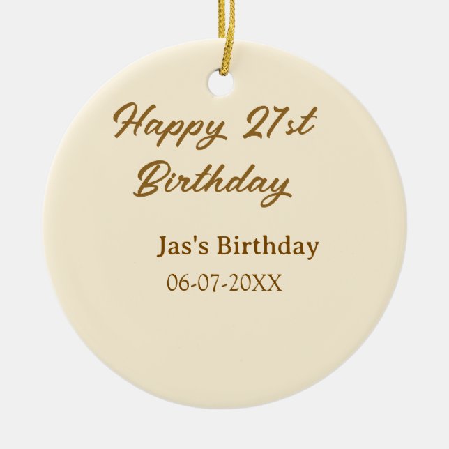 Happy 21st birthday brown pastel yellow name date  ceramic ornament (Front)