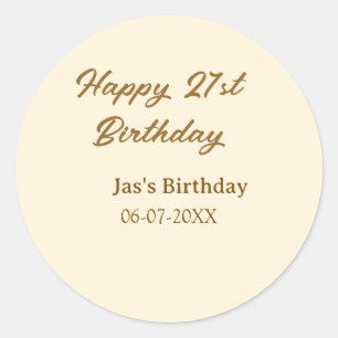 Happy 21st birthday brown pastel yellow name date  classic round sticker