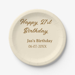 Happy 21st birthday brown pastel yellow name date paper plates