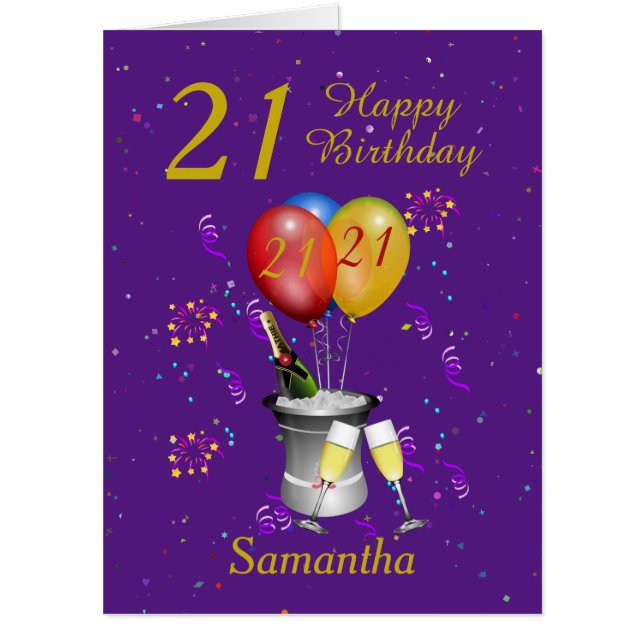 Happy 21st Birthday Celebration Purple Large Card (Front)