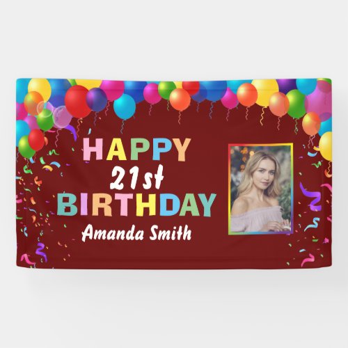 Happy 21st Birthday Colorful Balloons Burgundy Red Banner