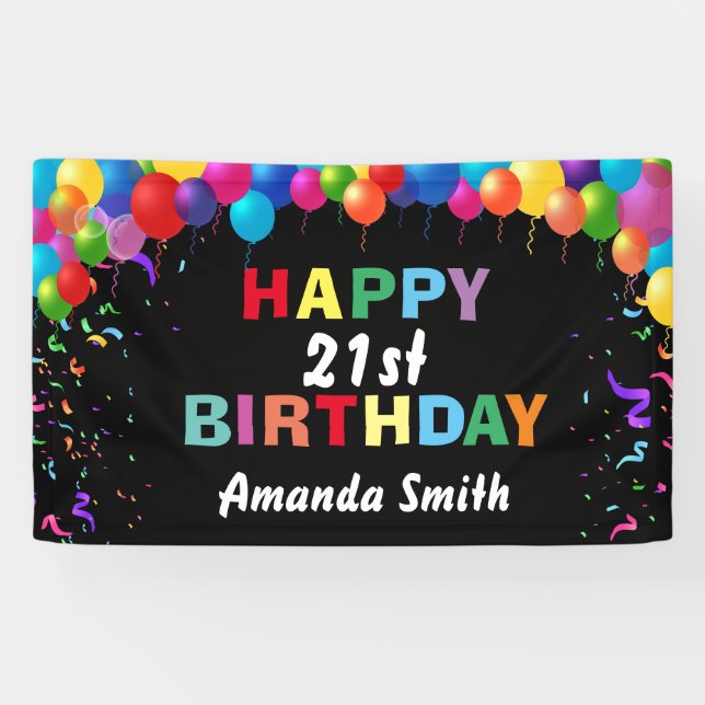 Happy 21st Birthday Colorful Balloons Confetti Banner (Horizontal)