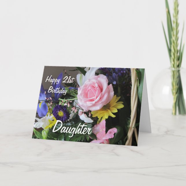Happy 21st Birthday Daughter-Pink Rose Bouquet Card (Front)