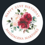 Happy 21st Birthday Floral Custom Envelope Seal<br><div class="desc">Add a special touch to your birthday invitation envelopes with this elegant round envelope seal. It features a watercolor red and pink rose floral bouquet in the center. Dark green leaves give it a rustic botanical vibe. Happy 21st Birthday and the birthday celebrant's name is written in curved text above...</div>