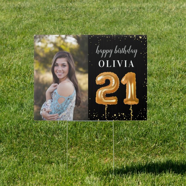 Happy 21st Birthday Gold Confetti Outdoor Yard Sign (Insitu)