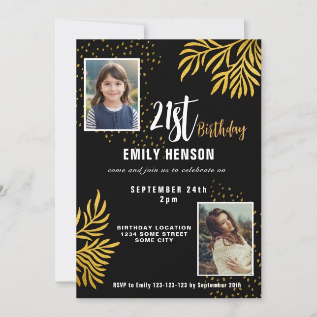 Happy 21st Birthday Gold Foliage 2 Photo Party Invitation (Front)