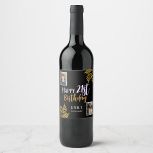 Happy 21st Birthday Gold Foliage 2 Photo Party Wine Label
