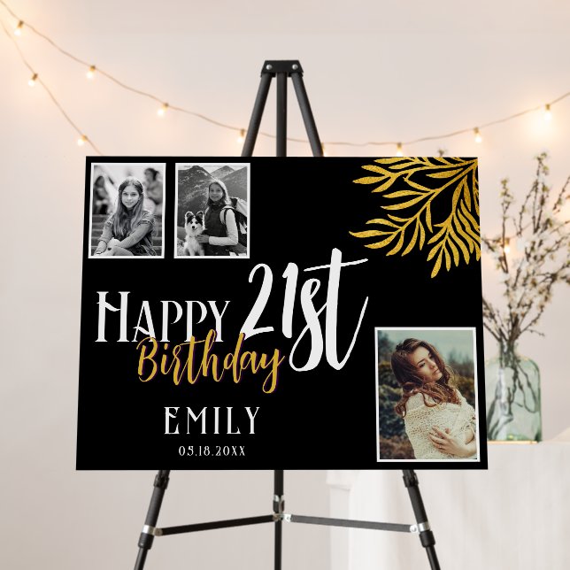 Happy 21st Birthday Gold Foliage 3 Photo Backdrop Foam Board (In Situ (Stand))