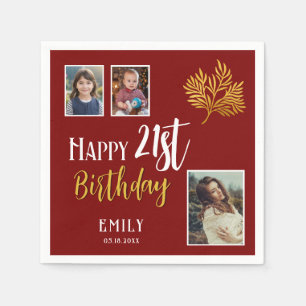 Happy 21st Birthday Gold Foliage 3 Photo Party Napkins