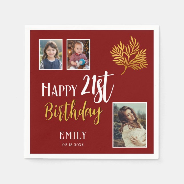 Happy 21st Birthday Gold Foliage 3 Photo Party Napkins (Front)