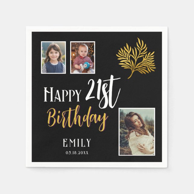 Happy 21st Birthday Gold Foliage 3 Photo Party Napkins (Front)