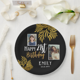 Happy 21st Birthday Gold Foliage 3 Photo Party Paper Plates