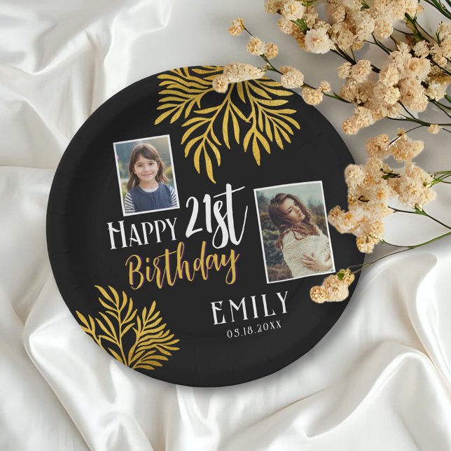 Happy 21st Birthday Gold Foliage 3 Photo Party Paper Plates (Creator Uploaded)