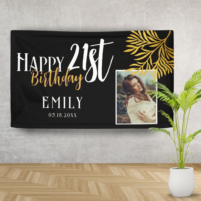 Happy 21st Birthday Gold Foliage Photo Backdrop Banner (Creator Uploaded)