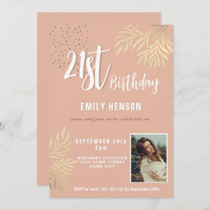 Happy 21st Birthday Gold Foliage Photo Party Invitation