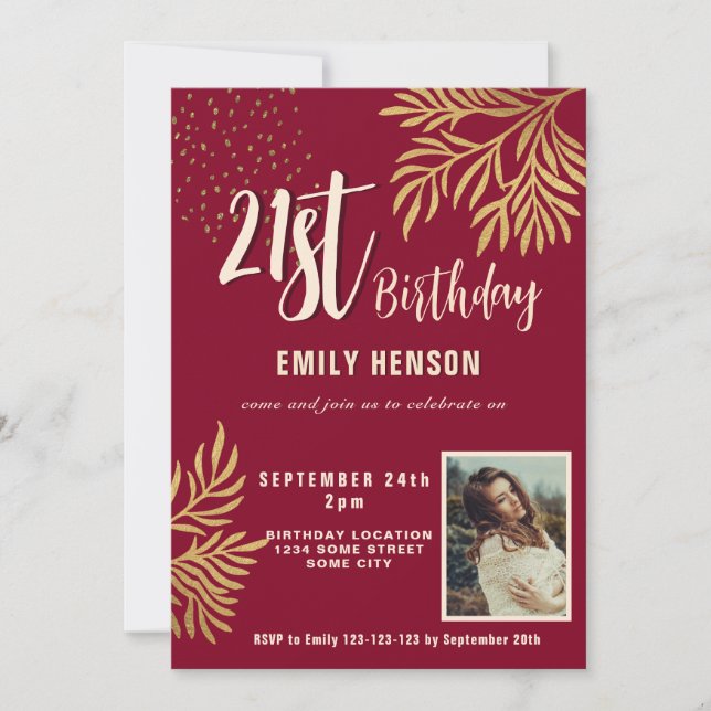 Happy 21st Birthday Gold Foliage Photo Party Invitation (Front)