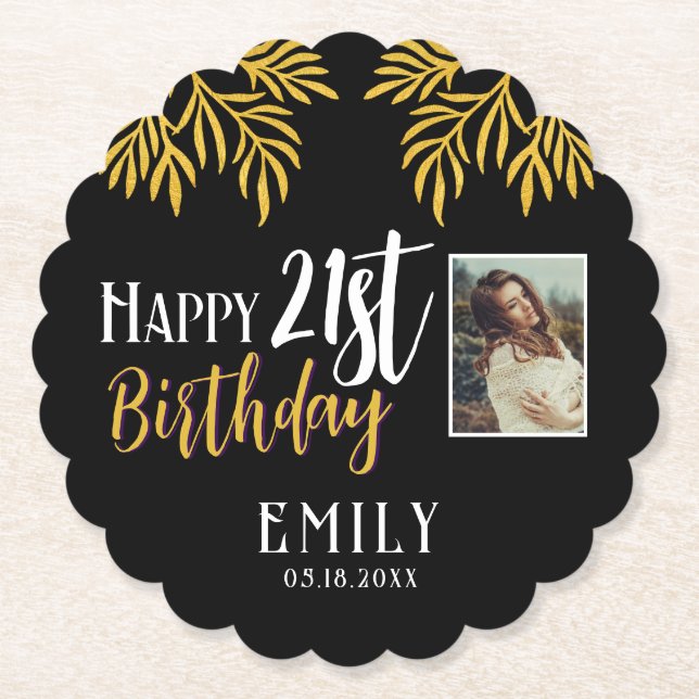 Happy 21st Birthday Gold Foliage Photo Party Paper Coaster (Front)