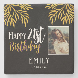 Happy 21st Birthday Gold Foliage Photo Party Stone Coaster