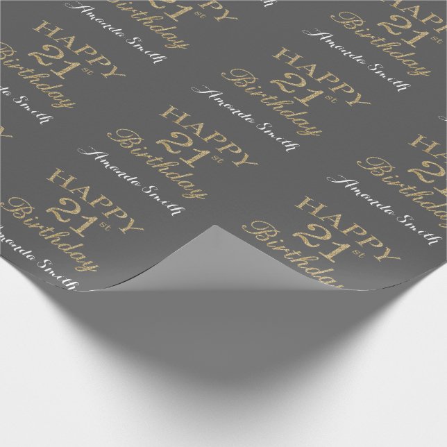 Happy 21st Birthday Gold Glitter and Gray Wrapping Paper (Corner)