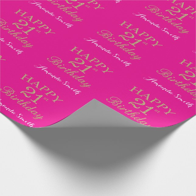 Happy 21st Birthday Gold Glitter and Hot Pink Wrapping Paper (Corner)