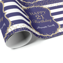 Happy 21st Birthday Gold Glitter and Navy Blue Wrapping Paper