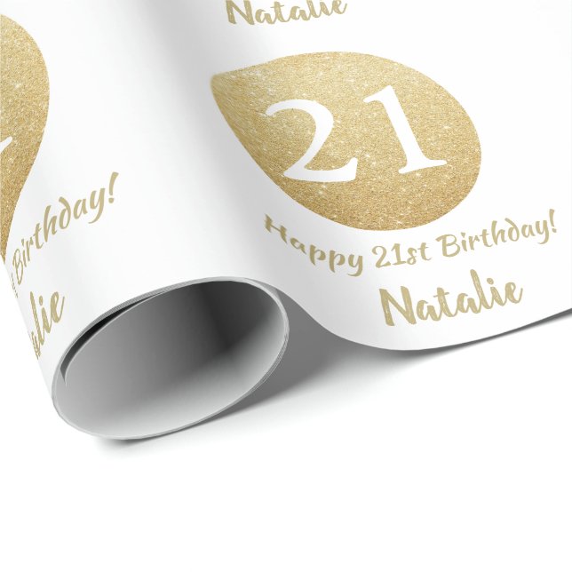Happy 21st Birthday Gold Glitter and White Wrapping Paper (Roll Corner)